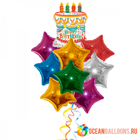 Букет на день рождения из фольгированных воздушных шаров «Торт и Звезды»