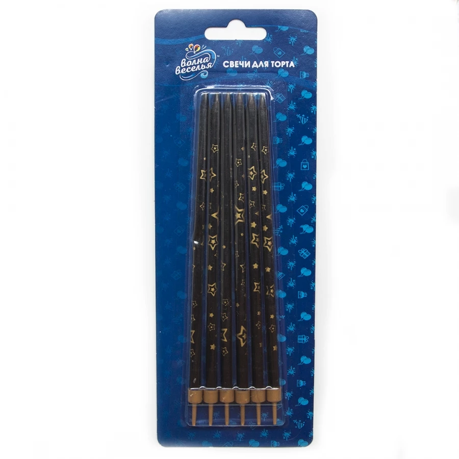 Свечи Золотые звезды, Черный, 15 см, 6 шт